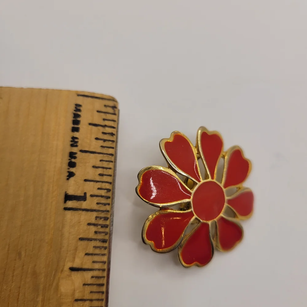 Red Gold-Tone Flower Enamel Clip Earrings
